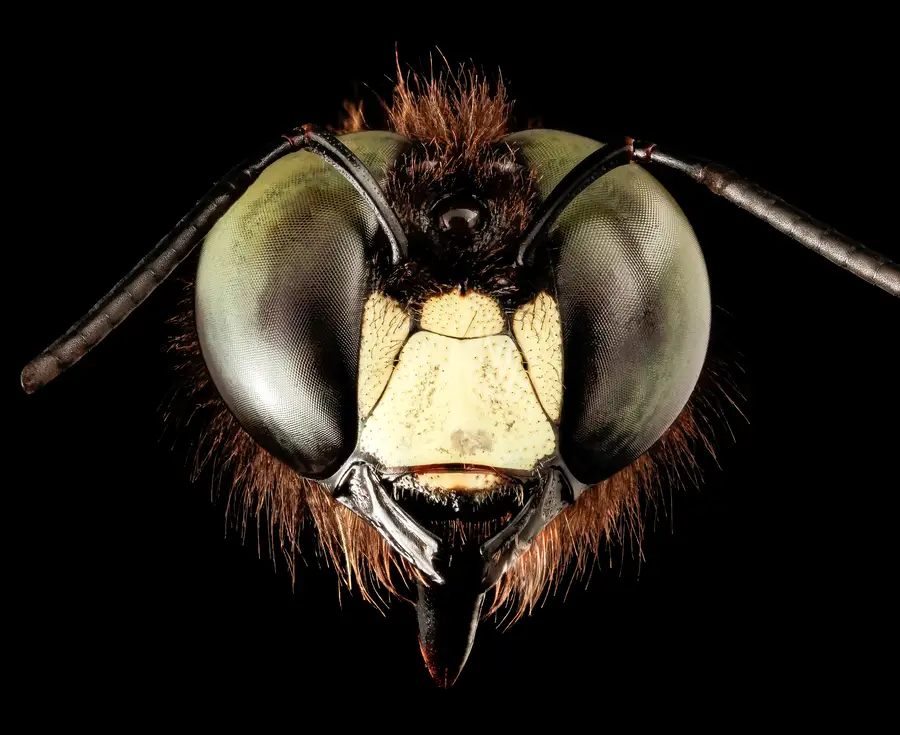 Close-up of a male eastern carpenter bee face with large green-tinted eyes and a pale cream patch between them