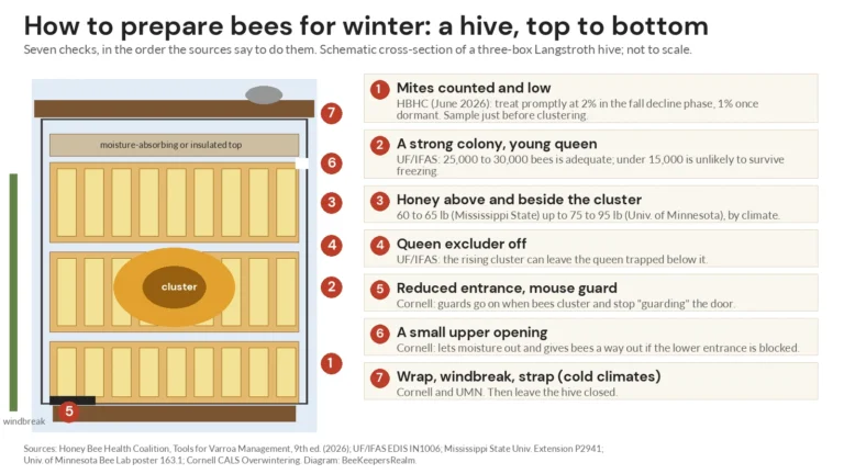 Diagram of a three-box Langstroth hive with seven numbered winter preparation checks beside it