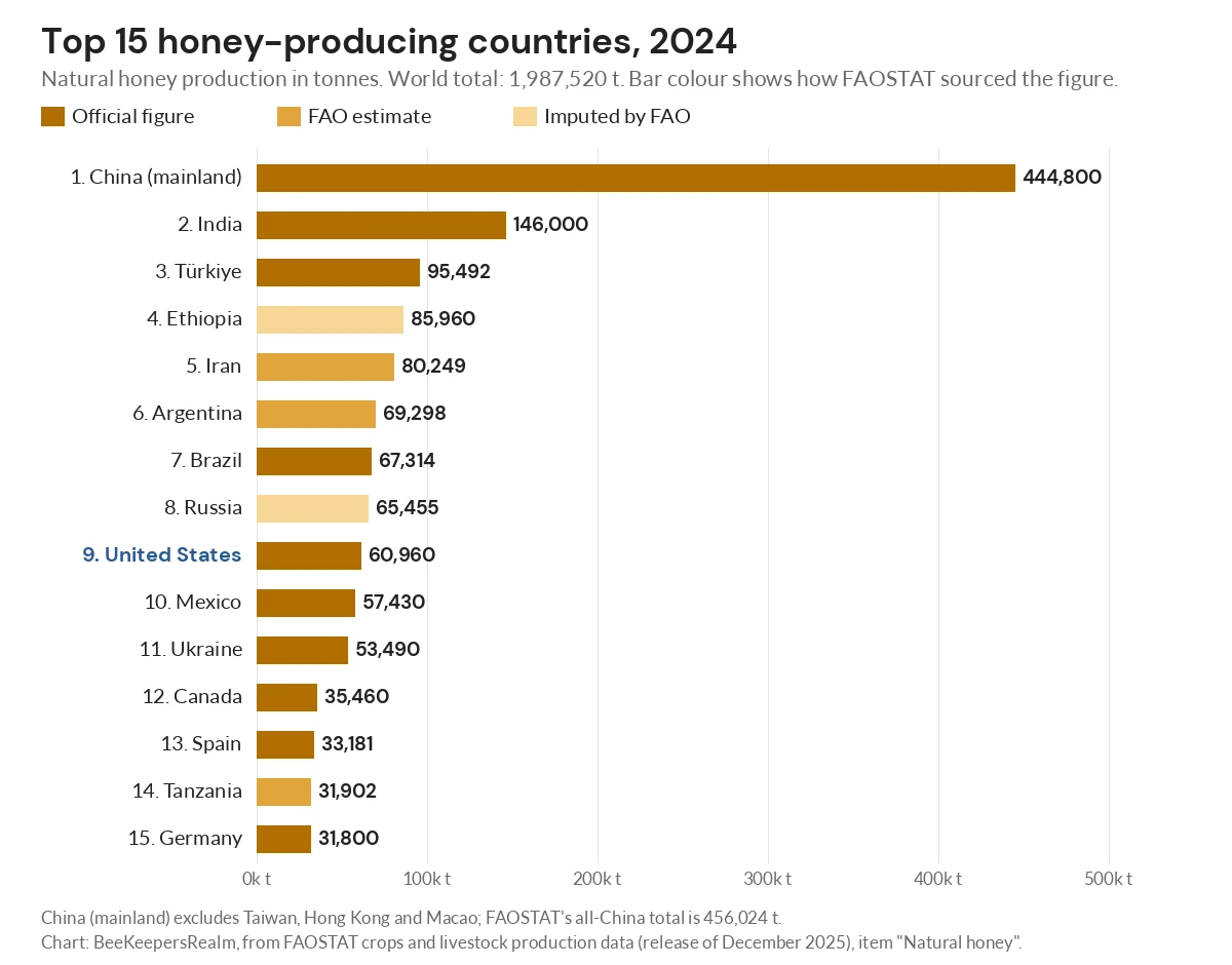 Bar chart of the 15 largest honey-producing countries in 2024, led by China at 444,800 tonnes and India at 146,000