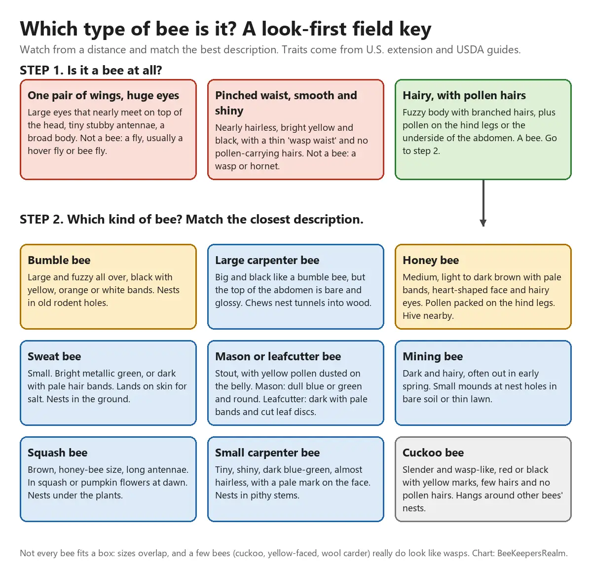 Field key chart sorting insects as fly, wasp or bee, then matching nine bee types by size, hair, color and nest