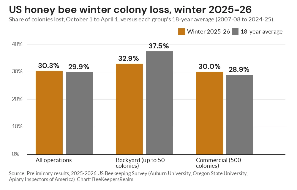 Bar chart of US honey bee winter colony loss in 2025-26 by operation type compared with the 18-year average
