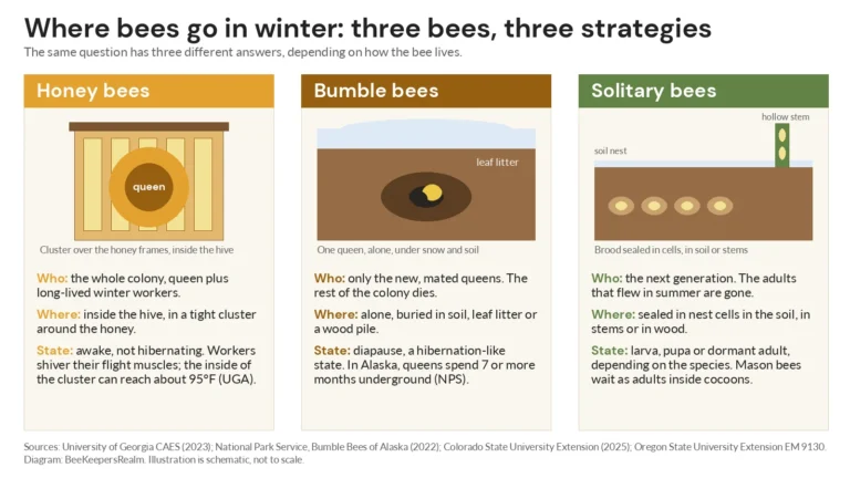 Diagram of honey bees clustered in a hive, a bumble bee queen buried in soil and solitary bee cells in the ground